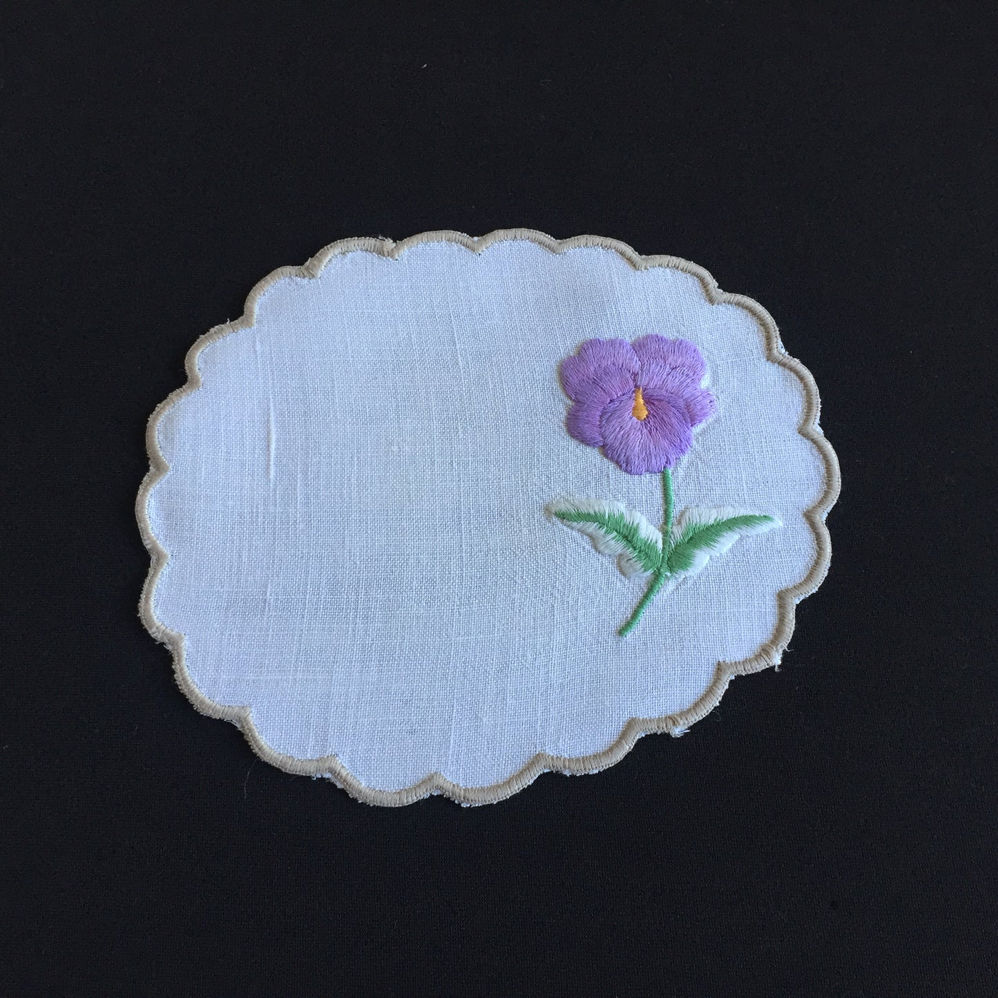 Vintage Embroidered Linen Doily with Purple Flower & Scalloped Edge