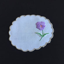 Load image into Gallery viewer, Vintage Embroidered Linen Doily with Purple Flower &amp; Scalloped Edge