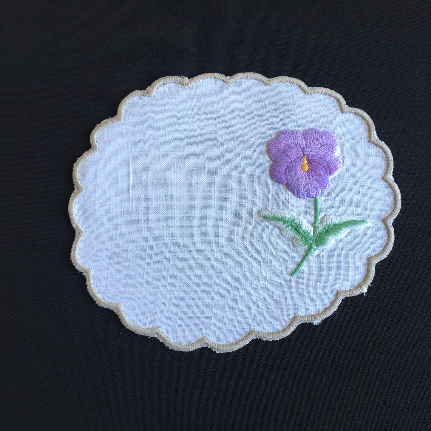 Vintage Embroidered Linen Doily with Purple Flower & Scalloped Edge