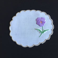 Load image into Gallery viewer, Vintage Embroidered Linen Doily with Purple Flower &amp; Scalloped Edge