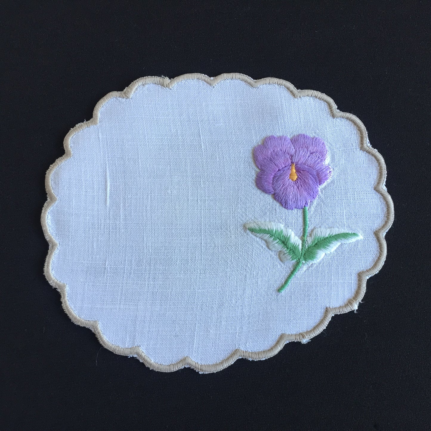Vintage Embroidered Linen Doily with Purple Flower & Scalloped Edge