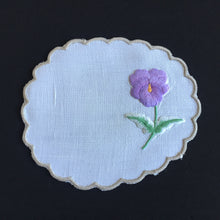 Load image into Gallery viewer, Vintage Embroidered Linen Doily with Purple Flower &amp; Scalloped Edge
