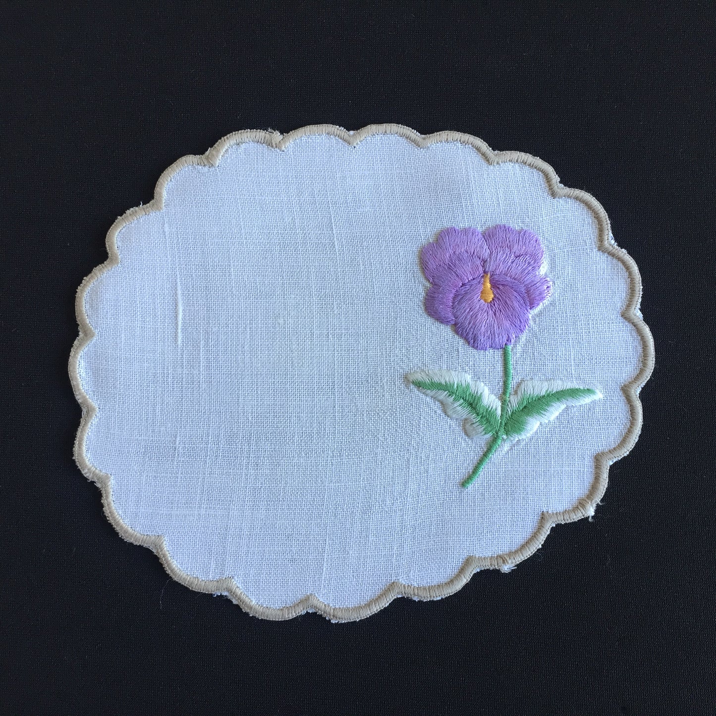 Vintage Embroidered Linen Doily with Purple Flower & Scalloped Edge