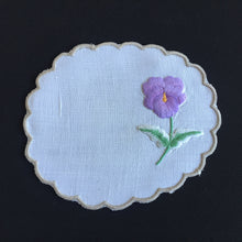 Load image into Gallery viewer, Vintage Embroidered Linen Doily with Purple Flower &amp; Scalloped Edge