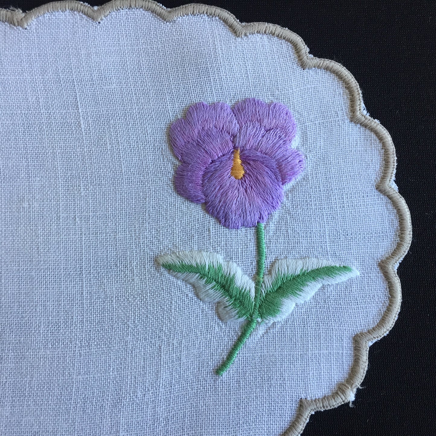 Vintage Embroidered Linen Doily with Purple Flower & Scalloped Edge