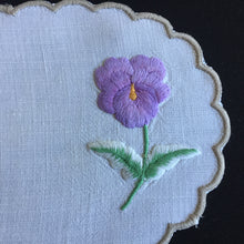 Load image into Gallery viewer, Vintage Embroidered Linen Doily with Purple Flower &amp; Scalloped Edge