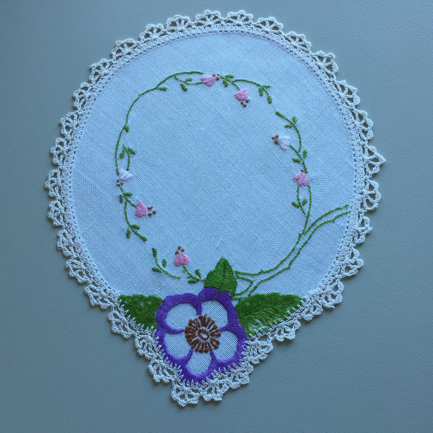 Vintage Hand Embroidered Linen Doily with Crochet Lace Edge