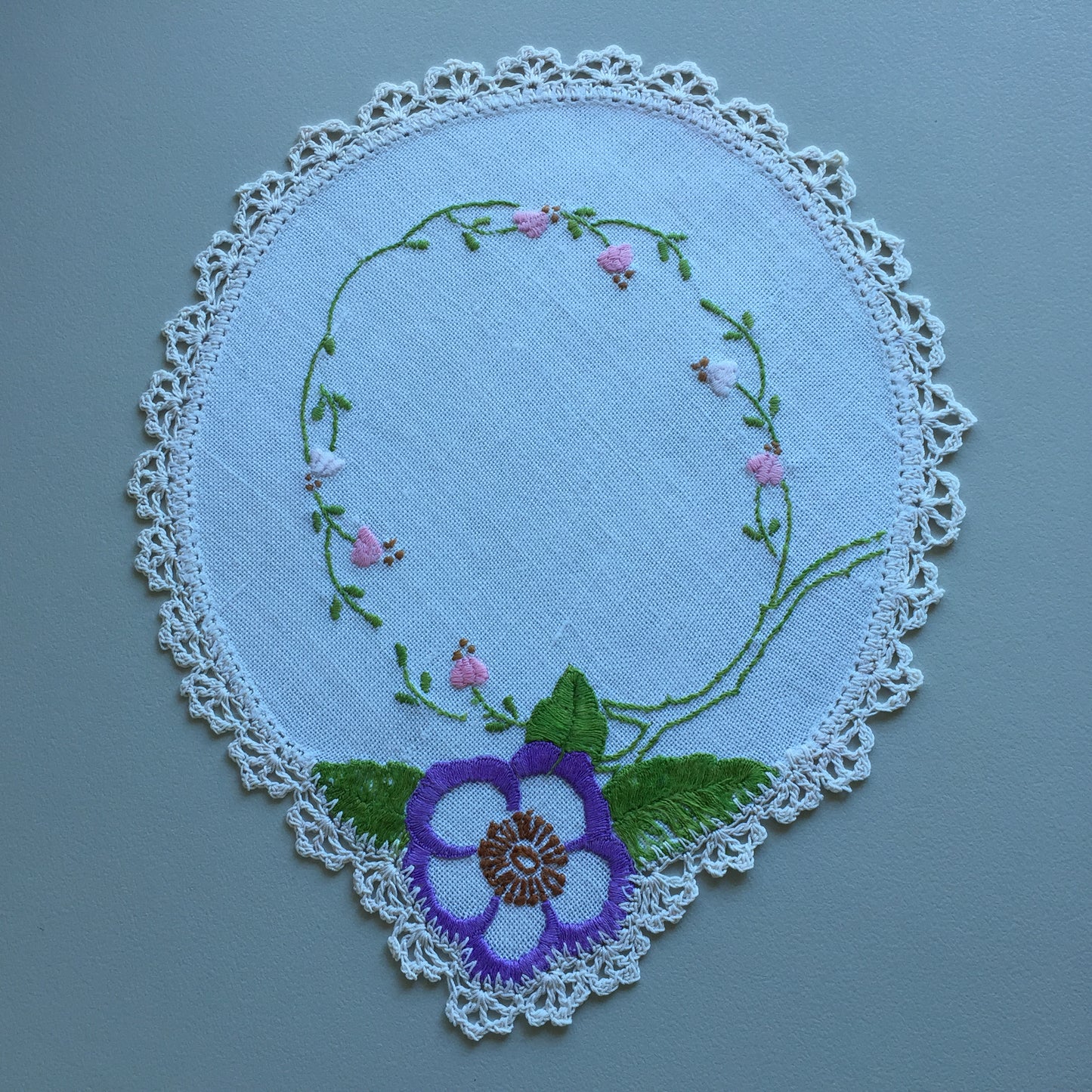 Vintage Hand Embroidered Linen Doily with Crochet Lace Edge
