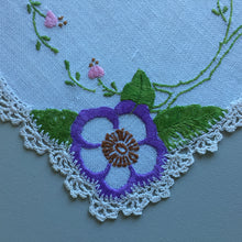Load image into Gallery viewer, Vintage Hand Embroidered Linen Doily with Crochet Lace Edge