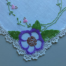 Load image into Gallery viewer, Vintage Hand Embroidered Linen Doily with Crochet Lace Edge