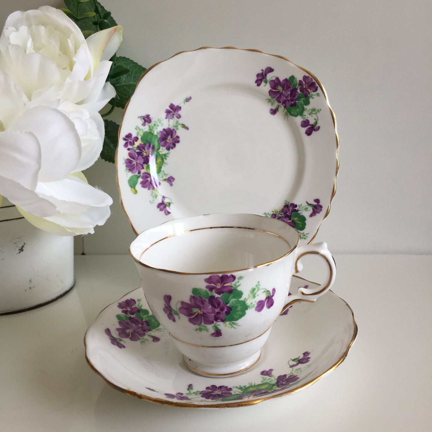 Assorted Vintage Porcelain with Violets Pattern, Teacups, Plates, Bowls
