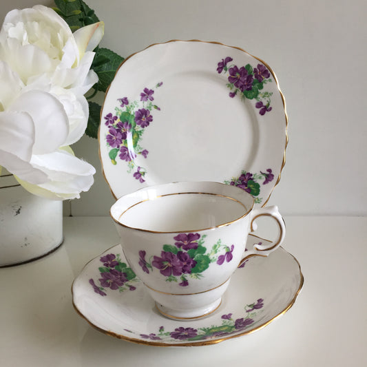 Assorted Vintage Porcelain with Violets Pattern, Teacups, Plates, Bowls