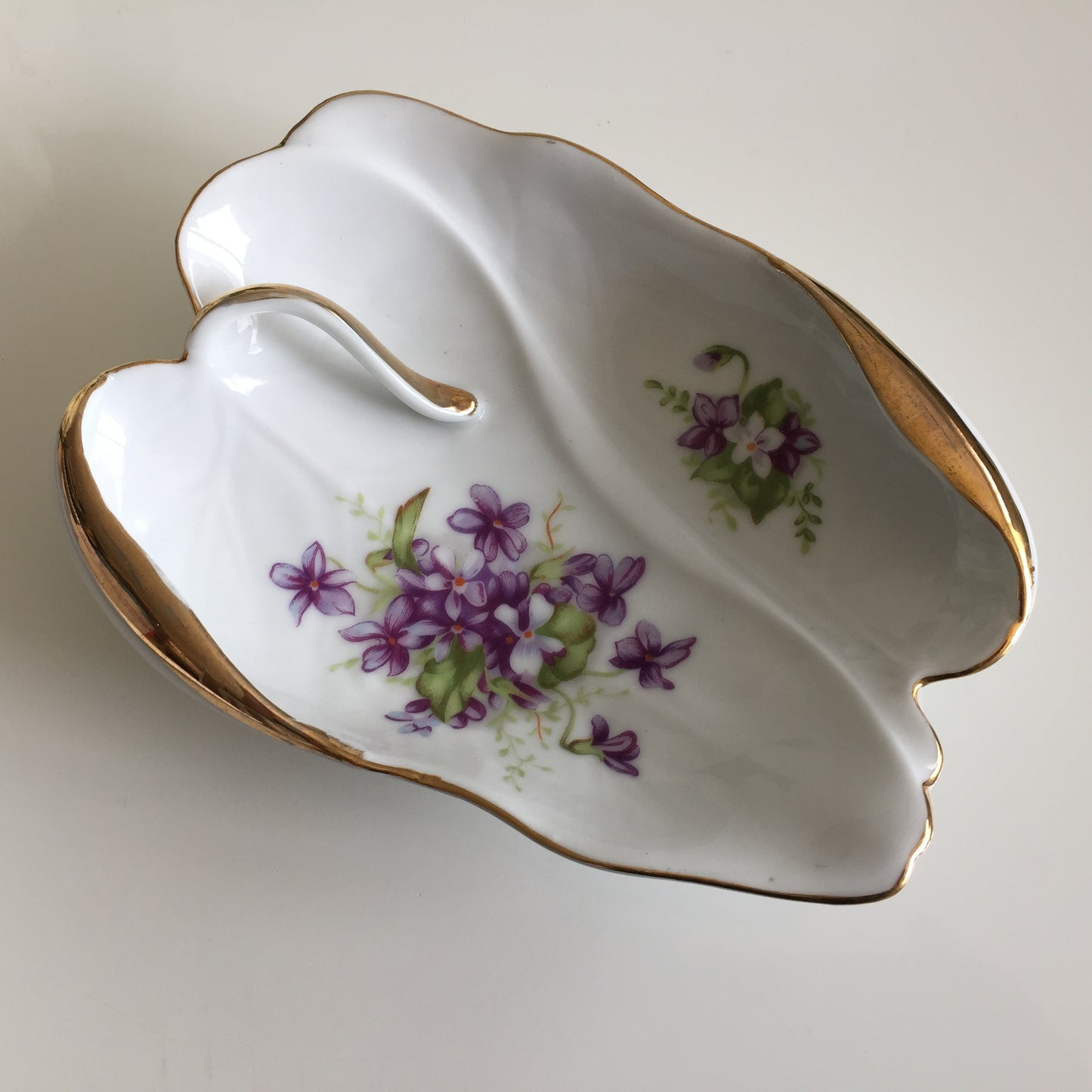 Assorted Vintage Porcelain with Violets Pattern, Teacups, Plates, Bowls