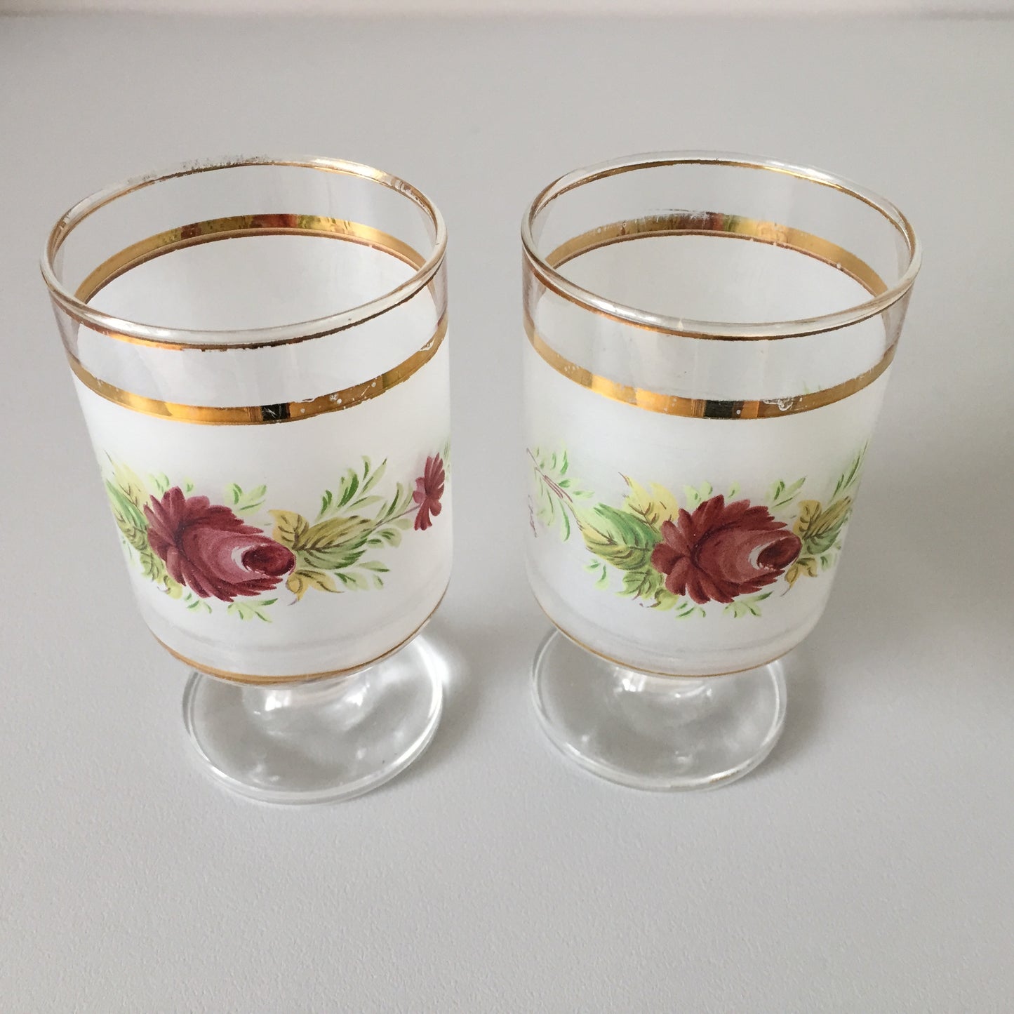 Pair of Giorgi Frosted, Hand Painted Italian Glasses | Red Rose, Gold Band