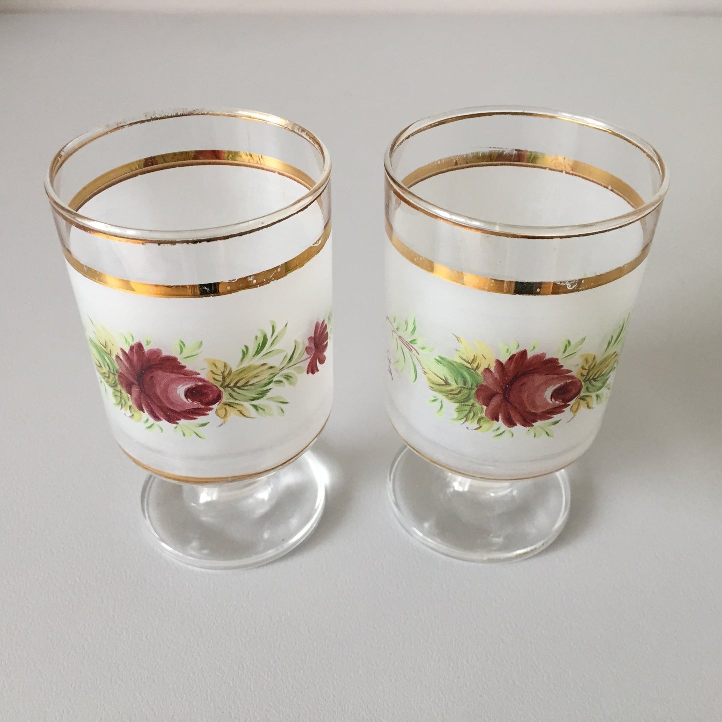 Pair of Giorgi Frosted, Hand Painted Italian Glasses | Red Rose, Gold Band