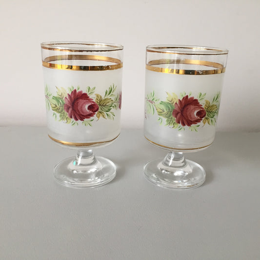 Pair of Giorgi Frosted, Hand Painted Italian Glasses | Red Rose, Gold Band