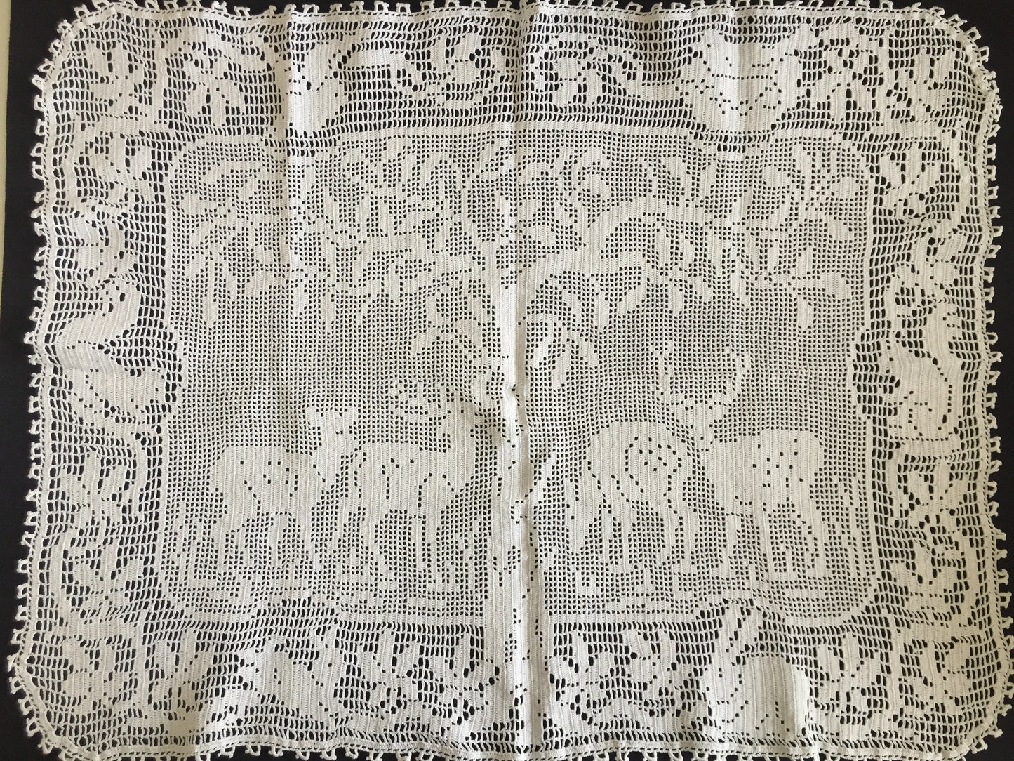 Mary Card Designed "Woodland" (1931) Large Vintage Crochet Lace Tray Cloth Doily or Table Centre Mat with 4 Deer