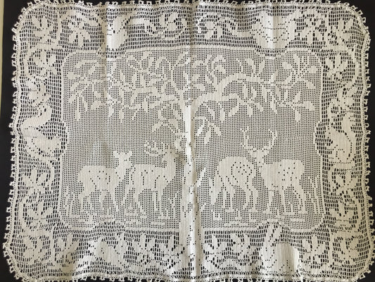 Mary Card Designed "Woodland" (1931) Large Vintage Crochet Lace Tray Cloth Doily or Table Centre Mat with 4 Deer