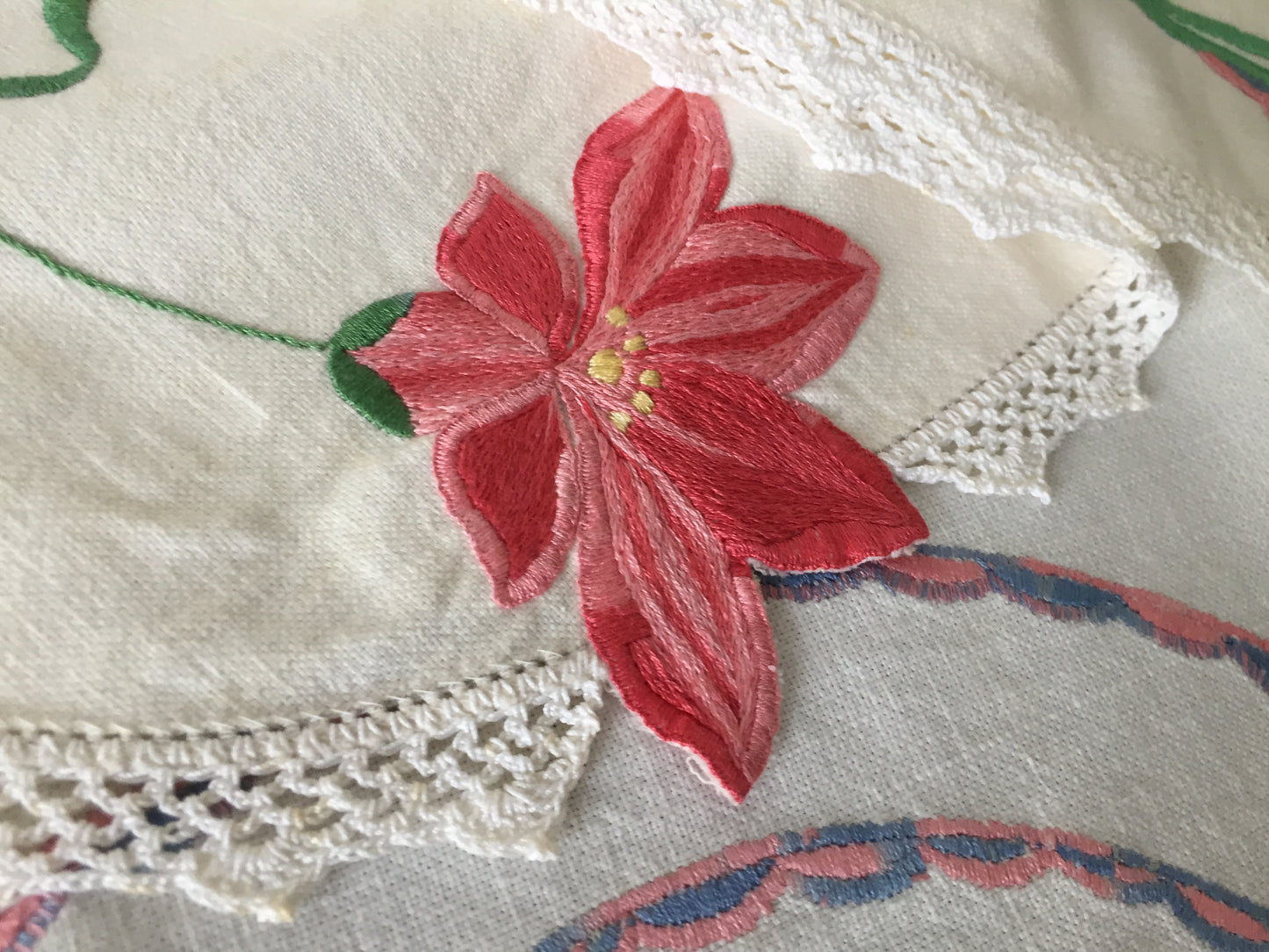 Australian Vintage Art Deco Floral 35" Hand Embroidered Tablecloth