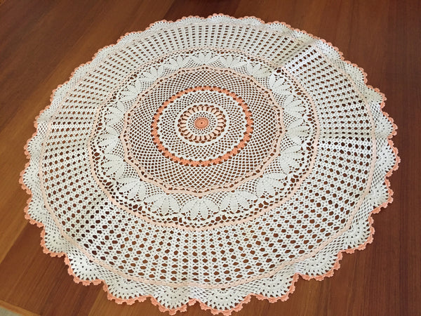 Large Vintage Crochet Lace Doily | Table Centre Mat | White & Peach Floral Pattern
