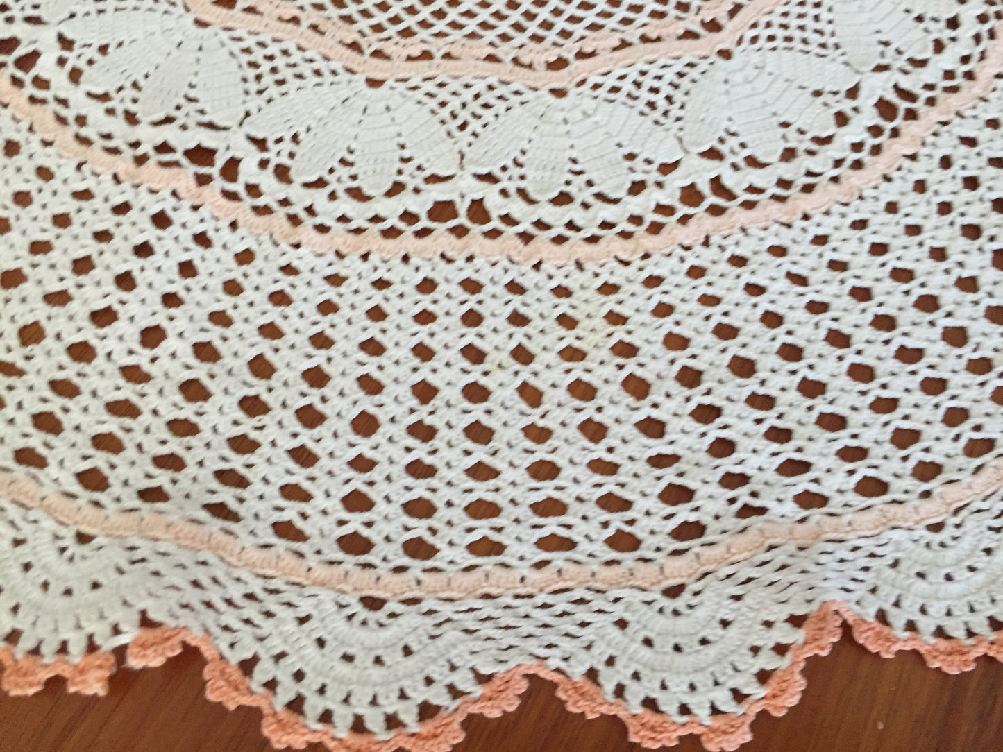 Large Vintage Crochet Lace Doily | Table Centre Mat | White & Peach Floral Pattern