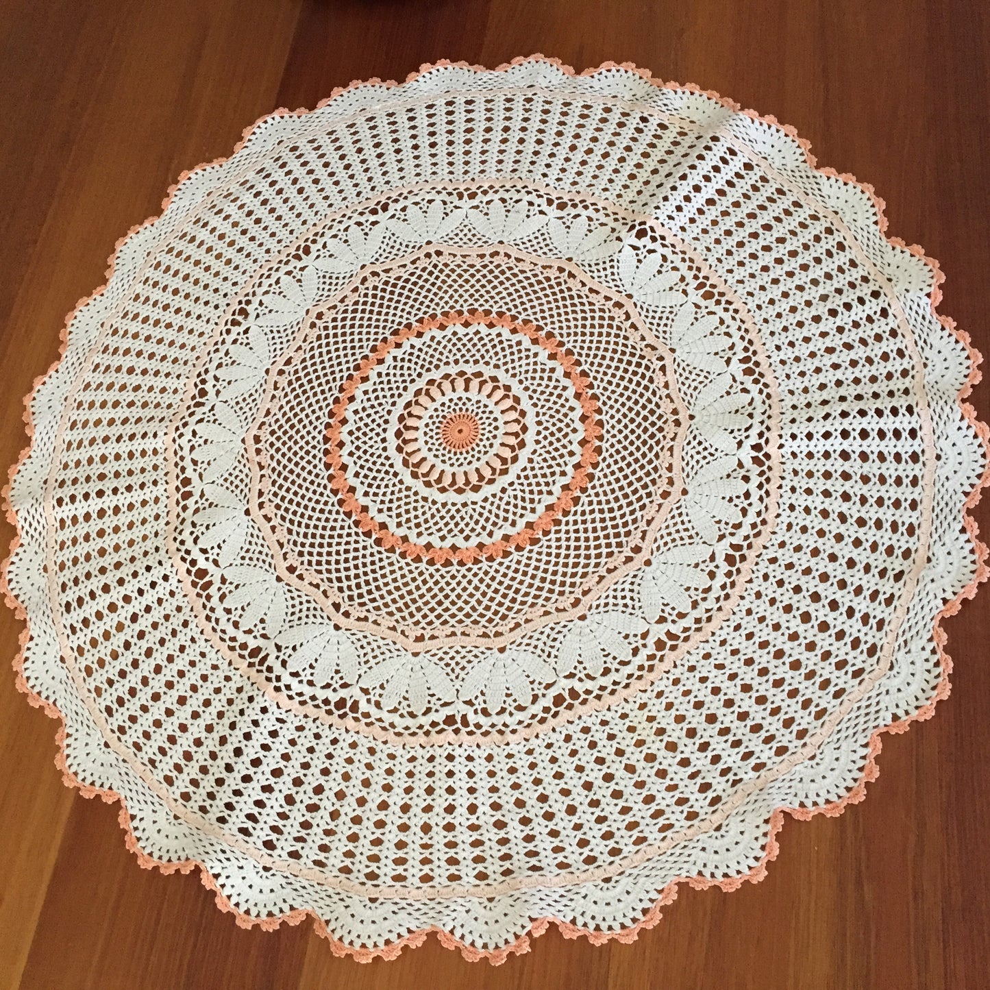 Large Vintage Crochet Lace Doily | Table Centre Mat | White & Peach Floral Pattern