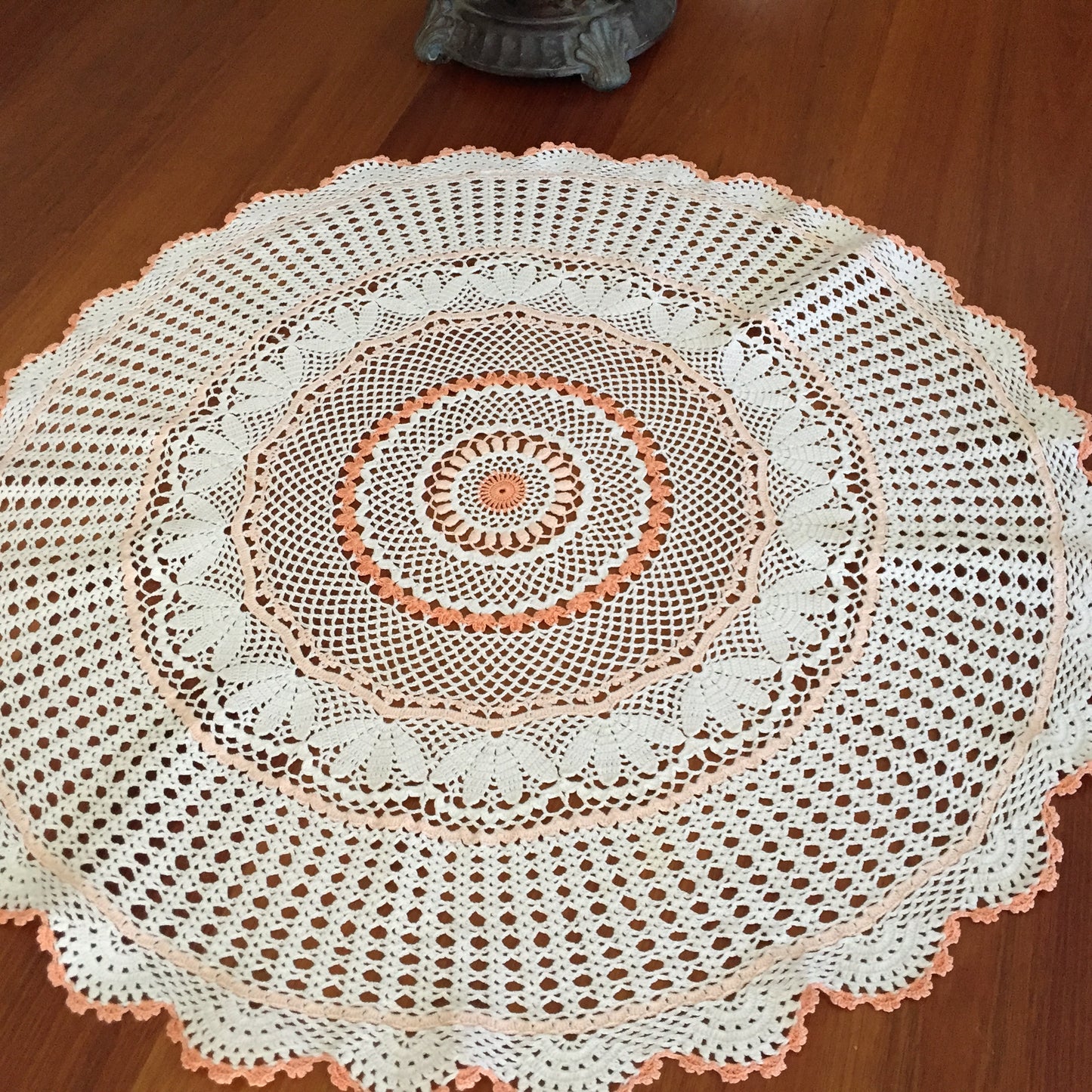 Large Vintage Crochet Lace Doily | Table Centre Mat | White & Peach Floral Pattern