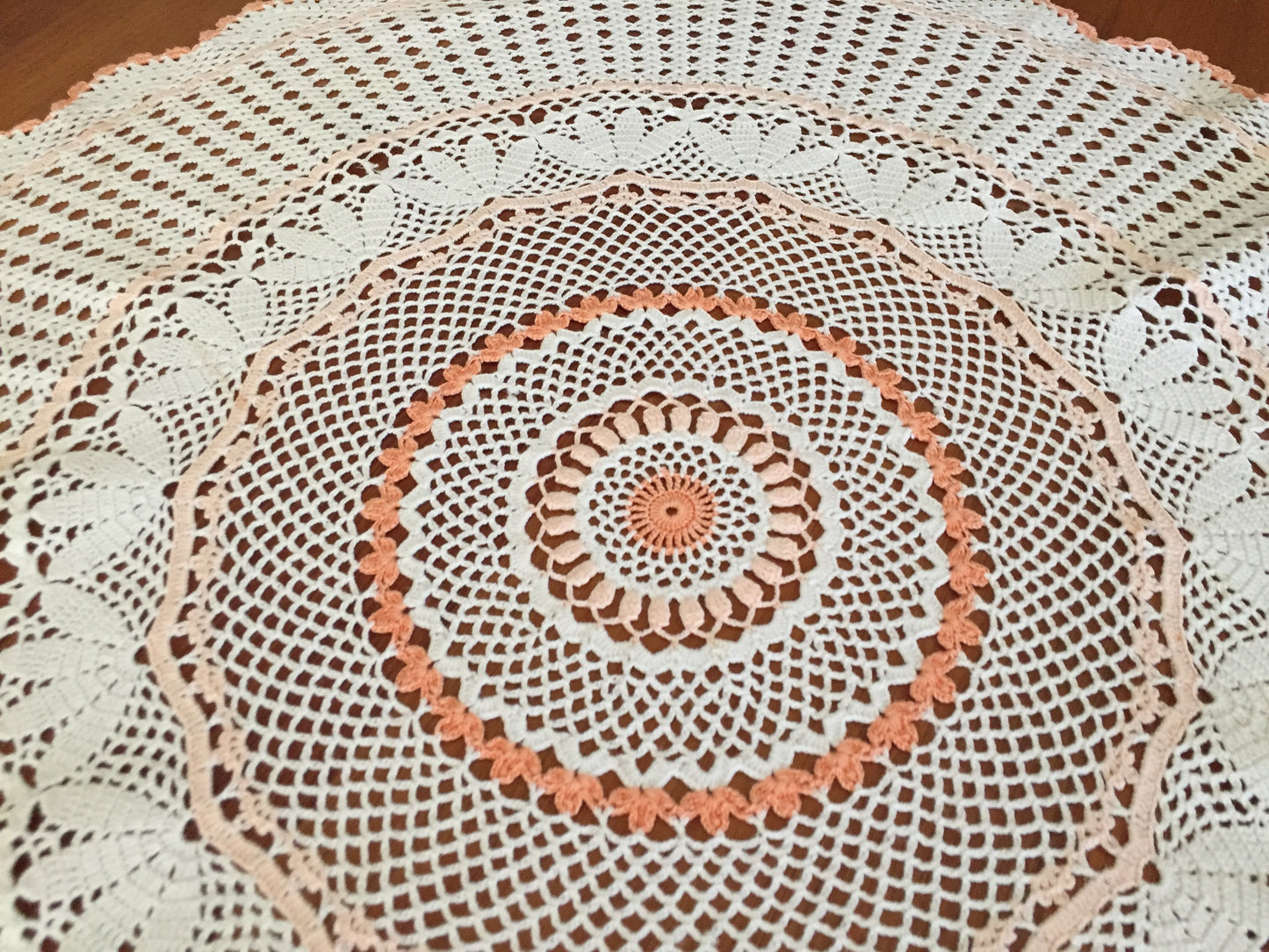 Large Vintage Crochet Lace Doily | Table Centre Mat | White & Peach Floral Pattern