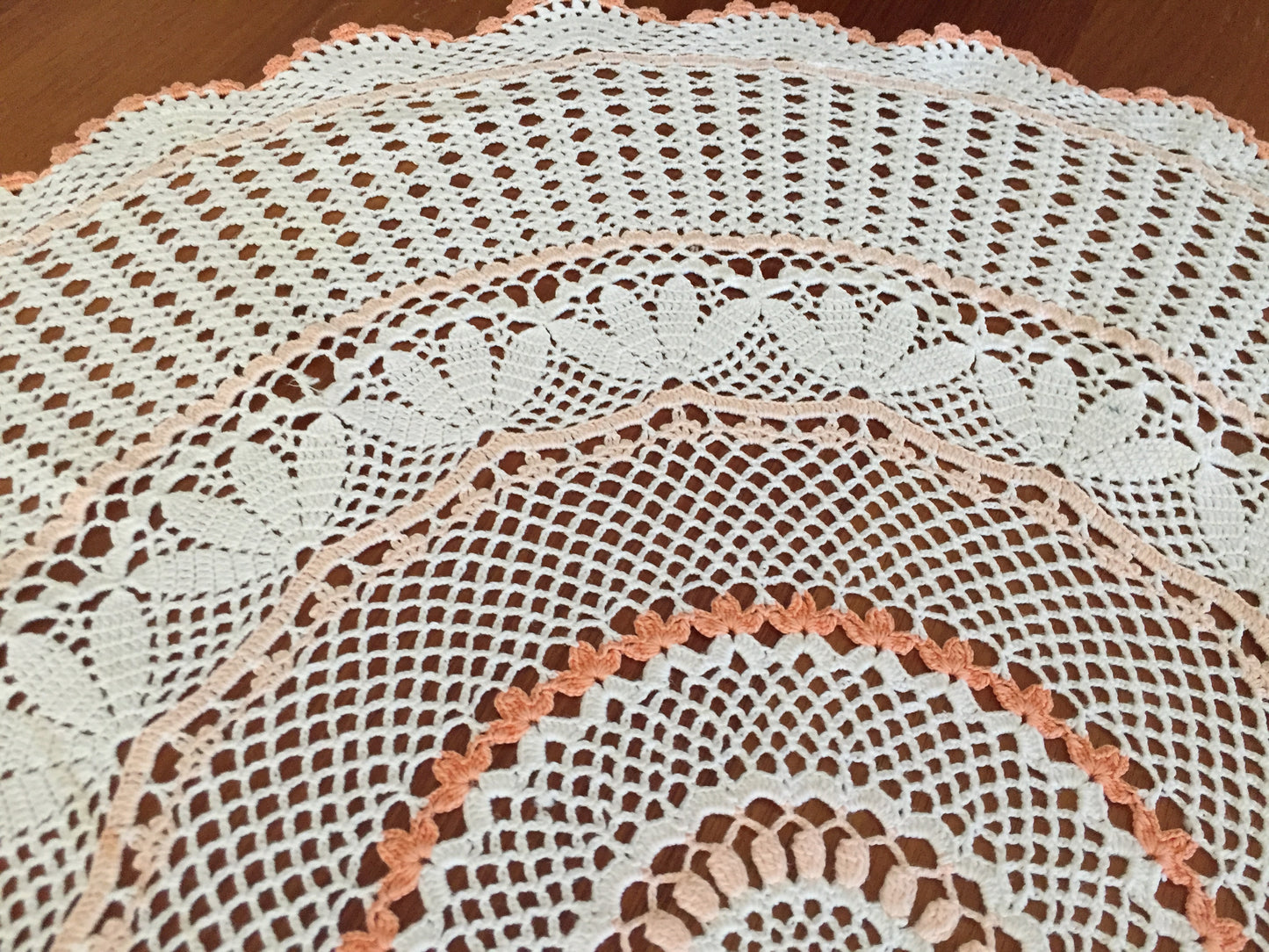 Large Vintage Crochet Lace Doily | Table Centre Mat | White & Peach Floral Pattern