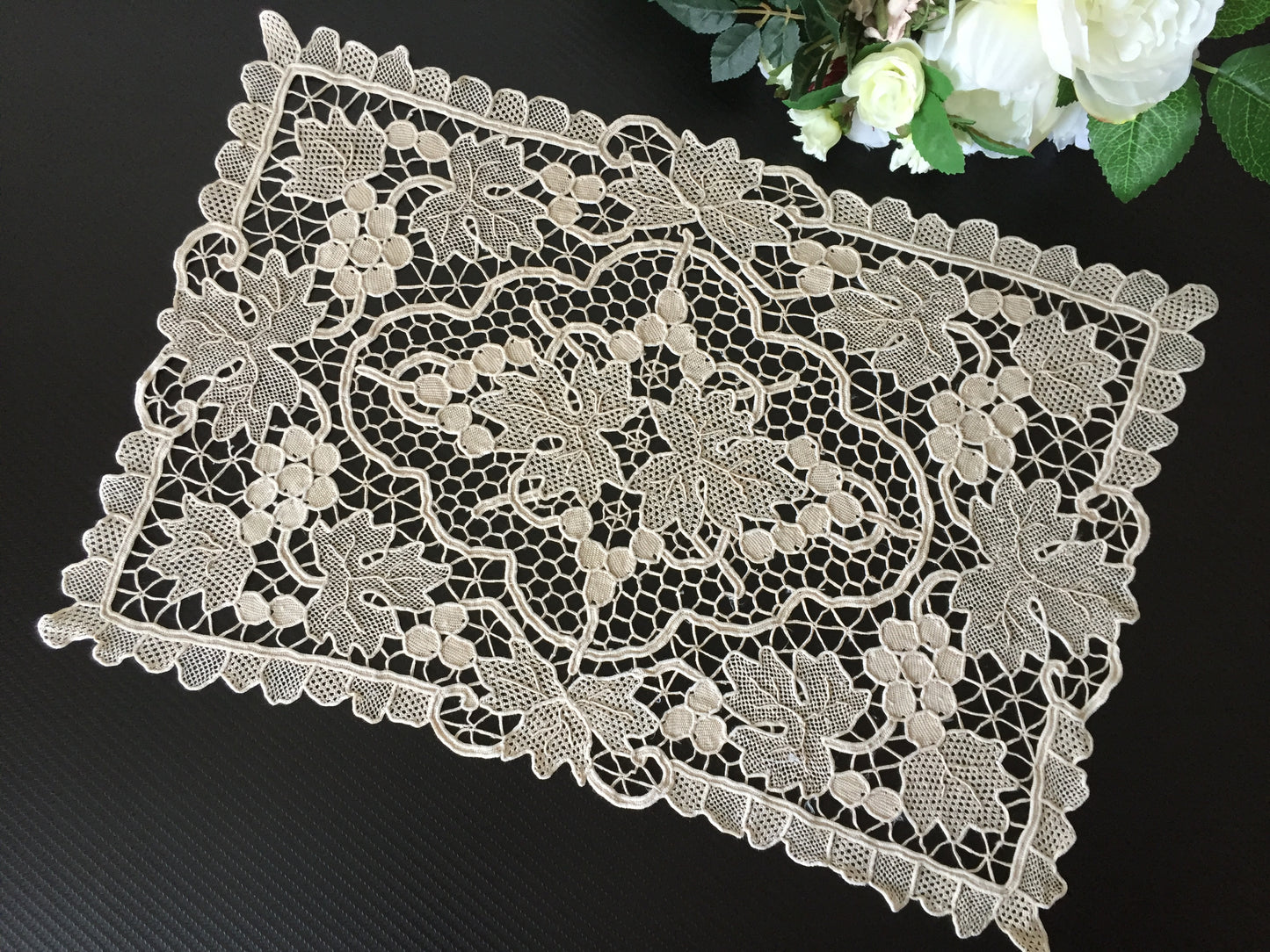 Venetian Style Burano Needle Lace Vintage Ecru Doily | Grapewine Design