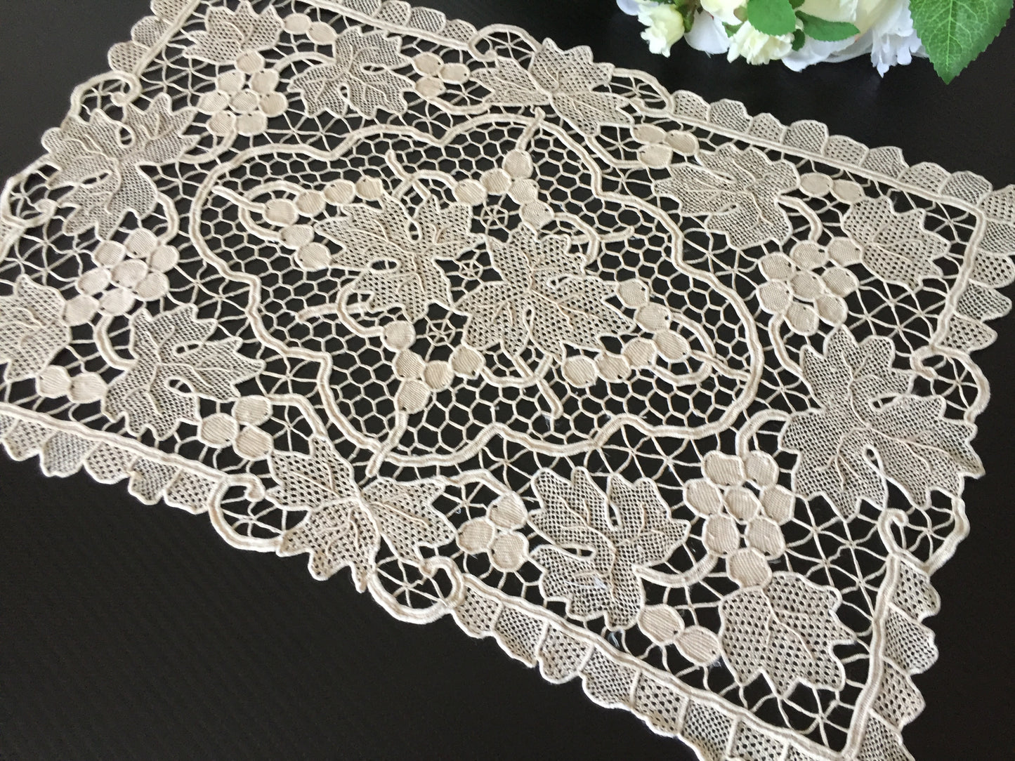 Venetian Style Burano Needle Lace Vintage Ecru Doily | Grapewine Design