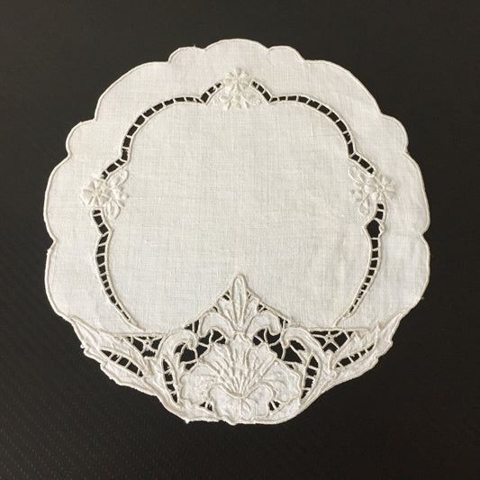 Hand Embroidered 8.75" Edwardian Antique Madeira Cutwork Doily