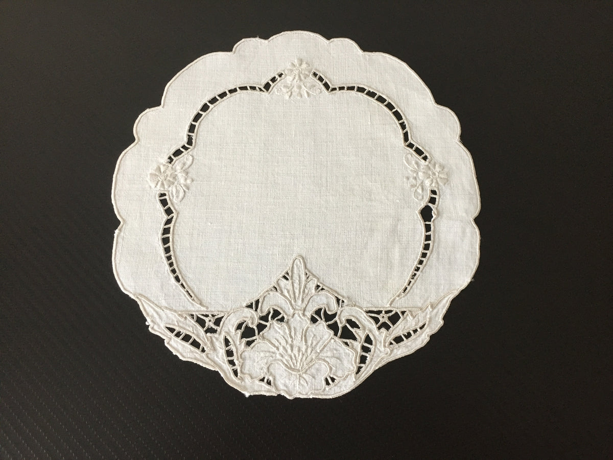 Hand Embroidered 8.75" Edwardian Antique Madeira Cutwork Doily