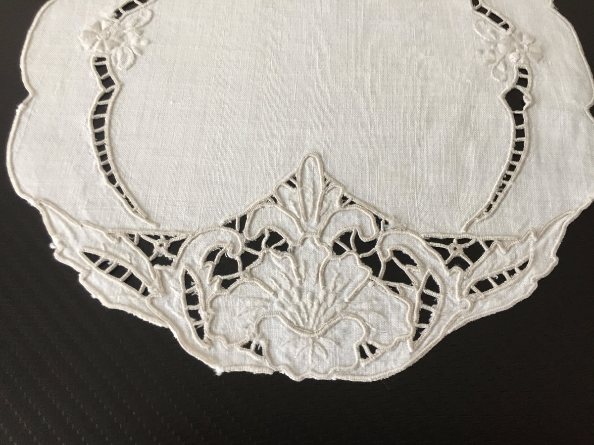 Hand Embroidered 8.75" Edwardian Antique Madeira Cutwork Doily