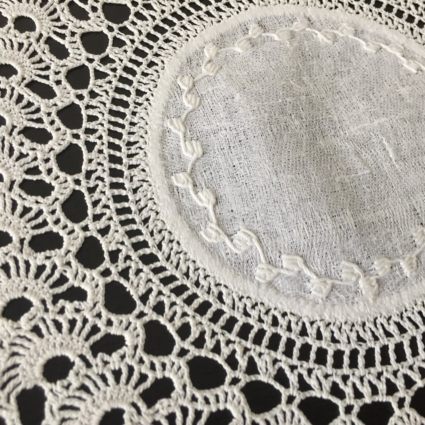 Edwardian Antique Hand Embroidered Doily with Japanese Fan Crochet Lace Border
