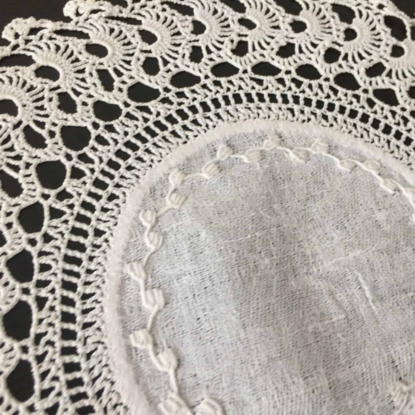 Edwardian Antique Hand Embroidered Doily with Japanese Fan Crochet Lace Border