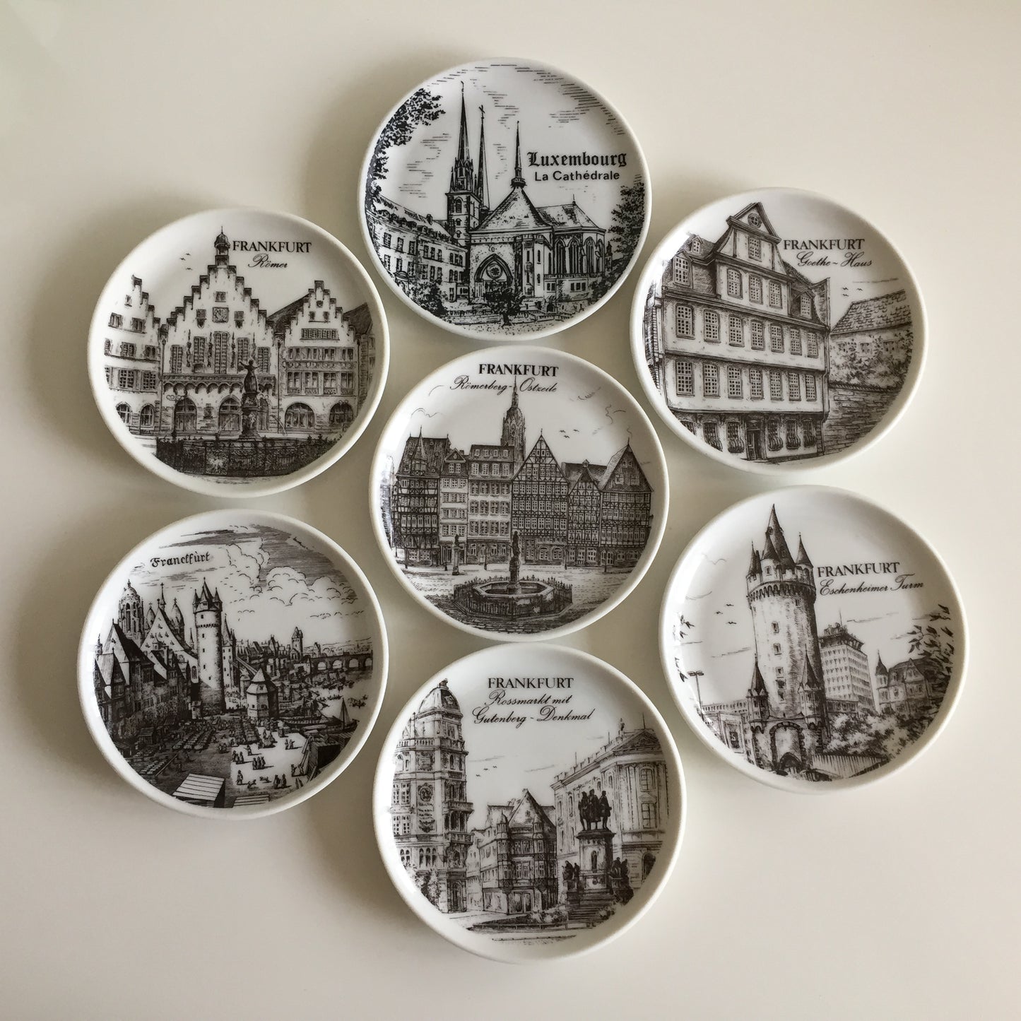 Bavarian Vintage Porcelain Ring Dish Black & White | Drink Coaster | Frankfurt Landmarks