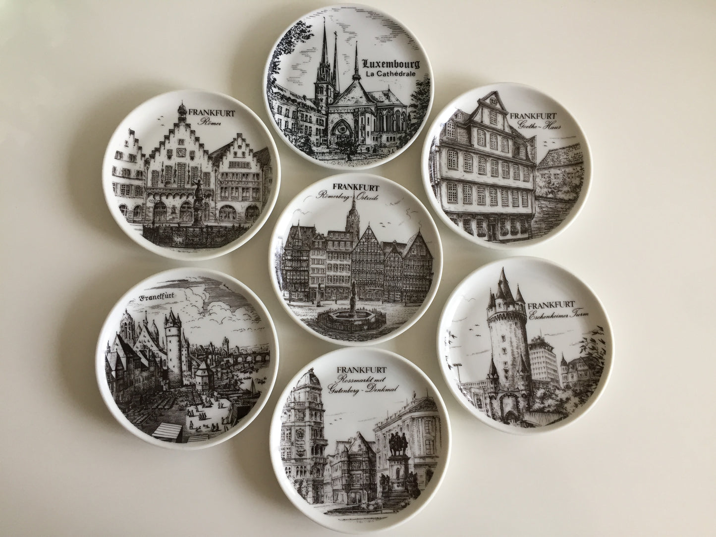 Bavarian Vintage Porcelain Ring Dish Black & White | Drink Coaster | Frankfurt Landmarks