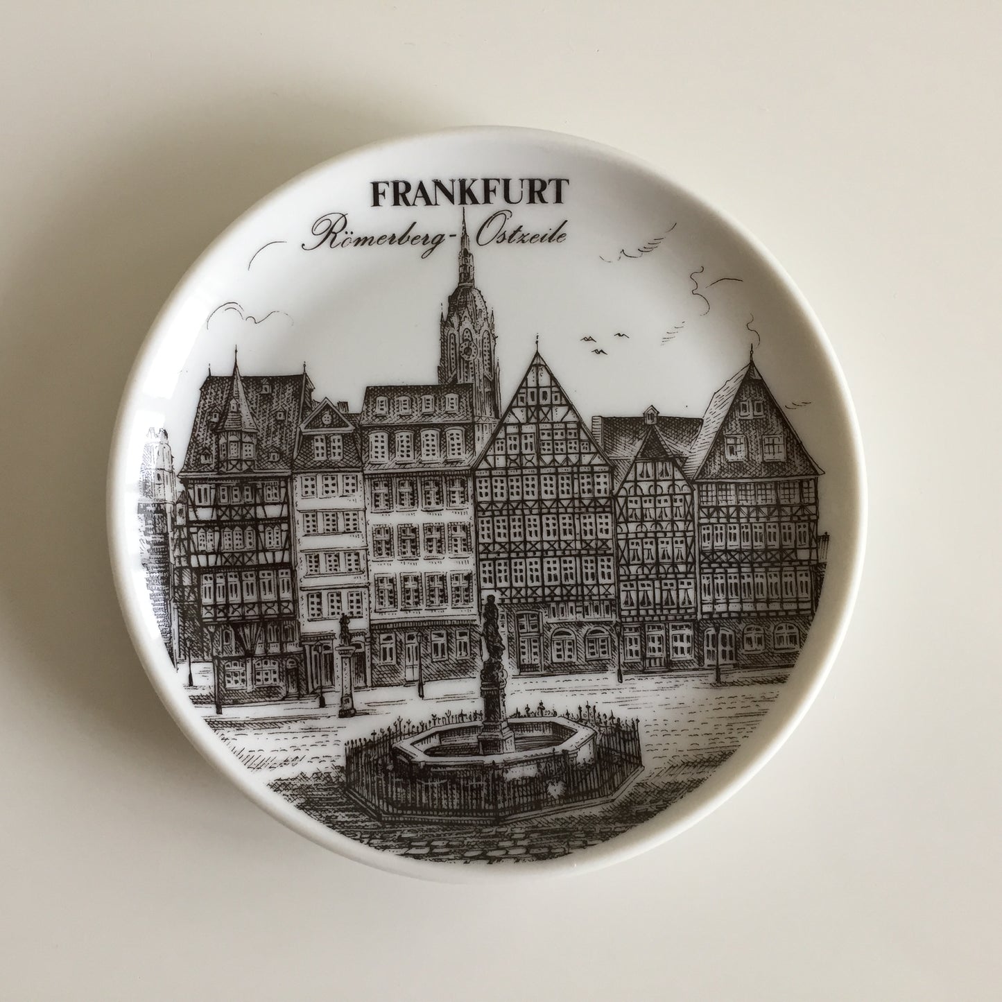 Bavarian Vintage Porcelain Ring Dish Black & White | Drink Coaster | Frankfurt Landmarks