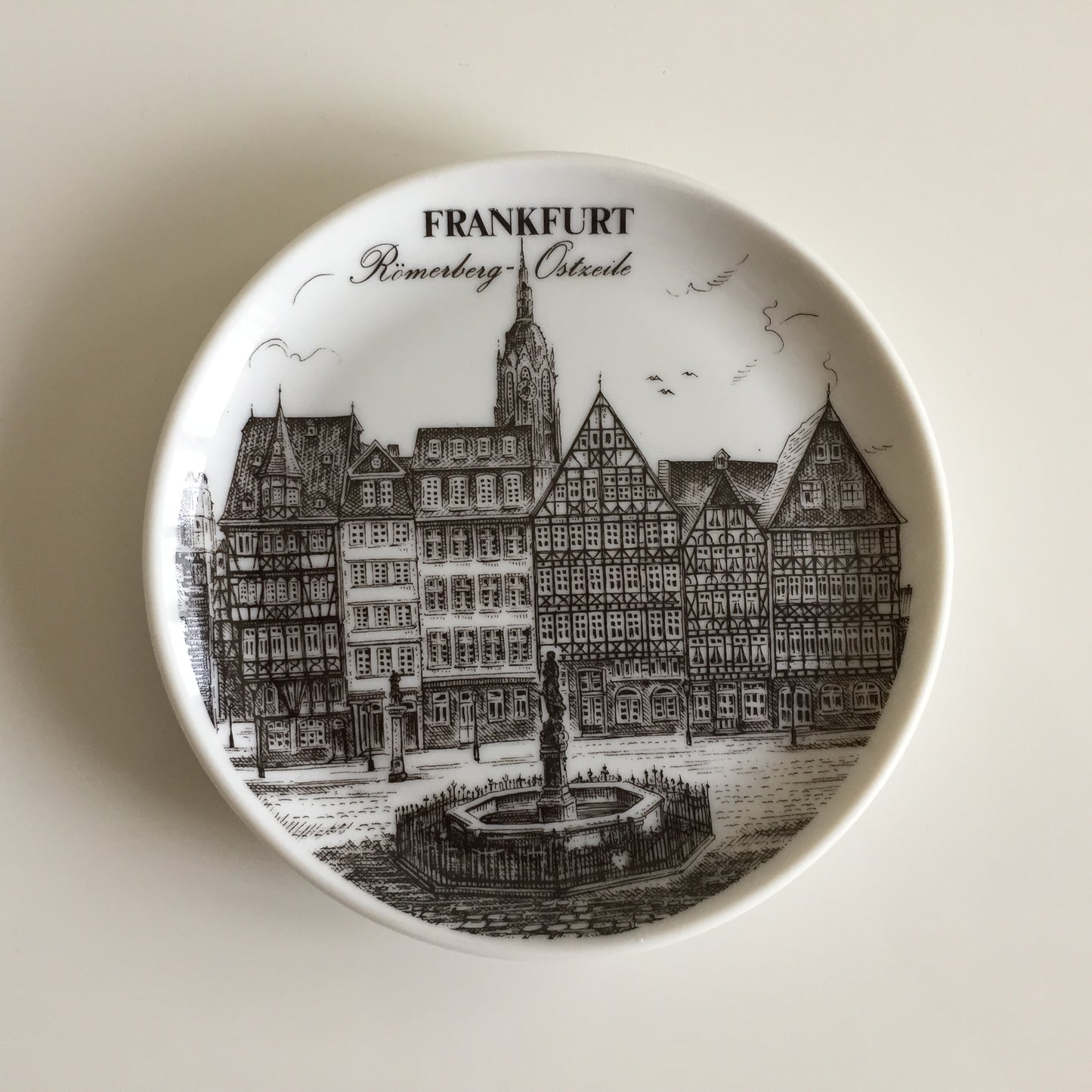Bavarian Vintage Porcelain Ring Dish Black & White | Drink Coaster | Frankfurt Landmarks
