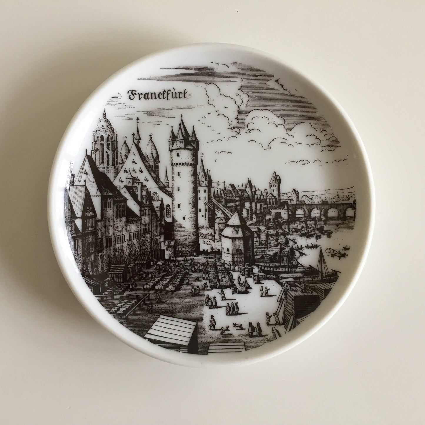 Bavarian Vintage Porcelain Ring Dish Black & White | Drink Coaster | Frankfurt Landmarks