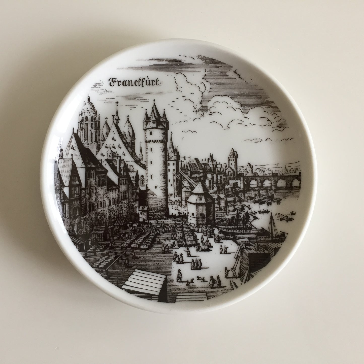 Bavarian Vintage Porcelain Ring Dish Black & White | Drink Coaster | Frankfurt Landmarks