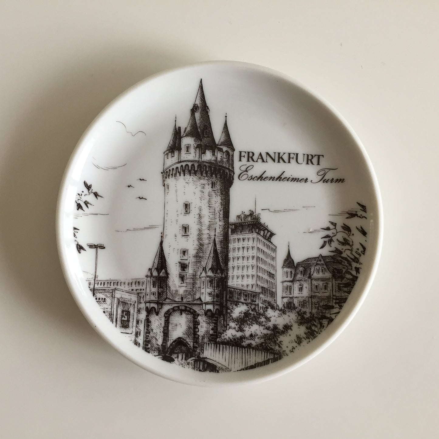 Bavarian Vintage Porcelain Ring Dish Black & White | Drink Coaster | Frankfurt Landmarks