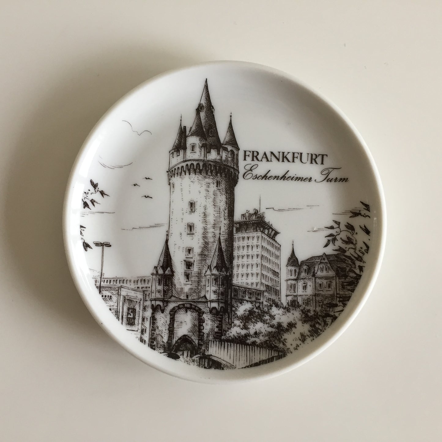 Bavarian Vintage Porcelain Ring Dish Black & White | Drink Coaster | Frankfurt Landmarks