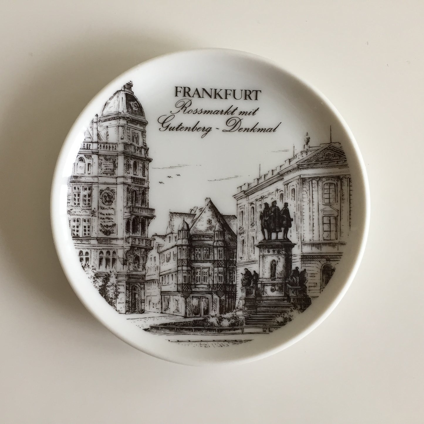 Bavarian Vintage Porcelain Ring Dish Black & White | Drink Coaster | Frankfurt Landmarks