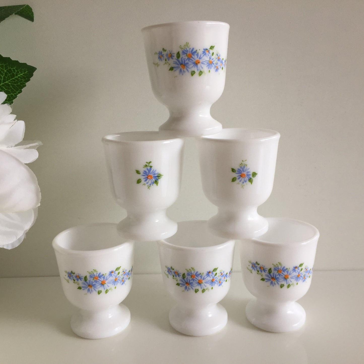 A Pair of Vintage Arcopal France Tempered Milk Glass Egg Cups | Blue Floral
