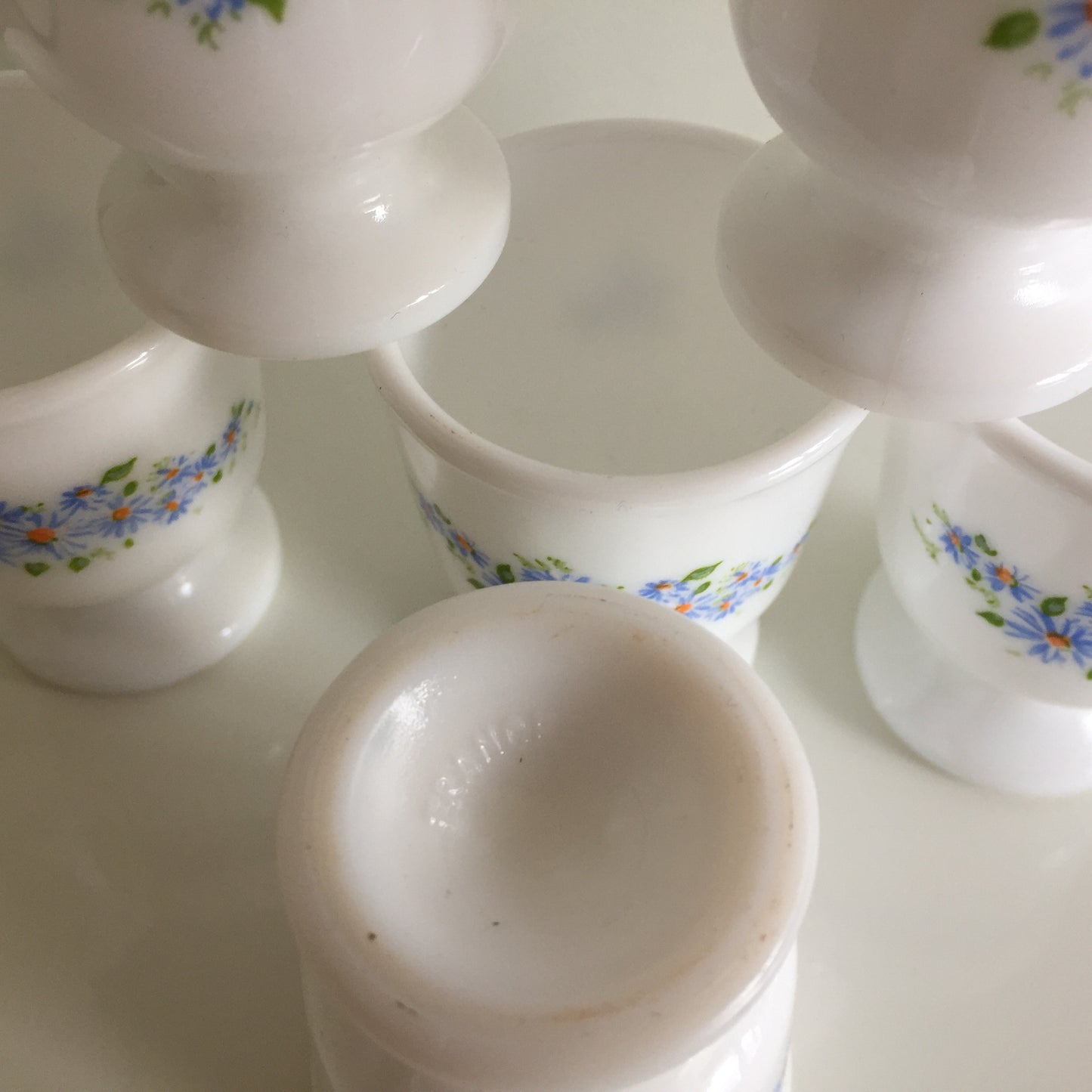 A Pair of Vintage Arcopal France Tempered Milk Glass Egg Cups | Blue Floral