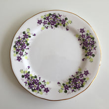 Load image into Gallery viewer, Vintage Porcelain Demitasse Trio with Violets Pattern: Teacup, Saucer &amp; Dessert Plate