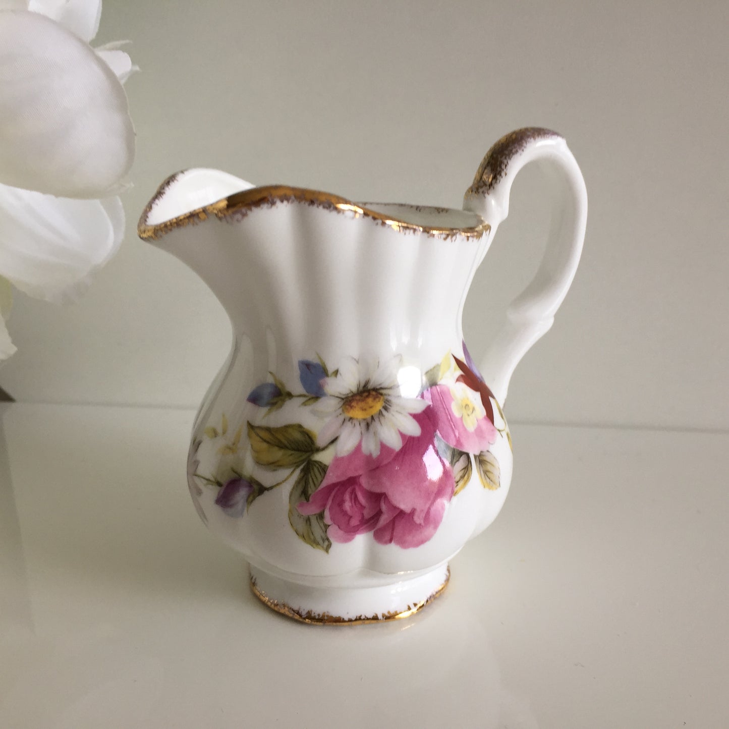 Vintage Fine Bone China Creamer with Summer Rose Pattern, Gilding