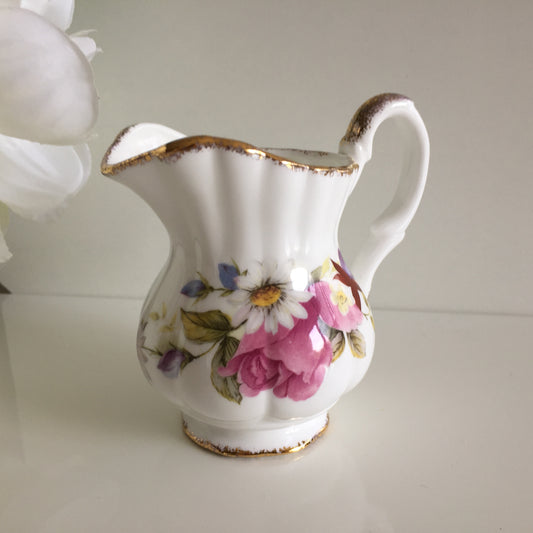 Vintage Fine Bone China Creamer with Summer Rose Pattern, Gilding